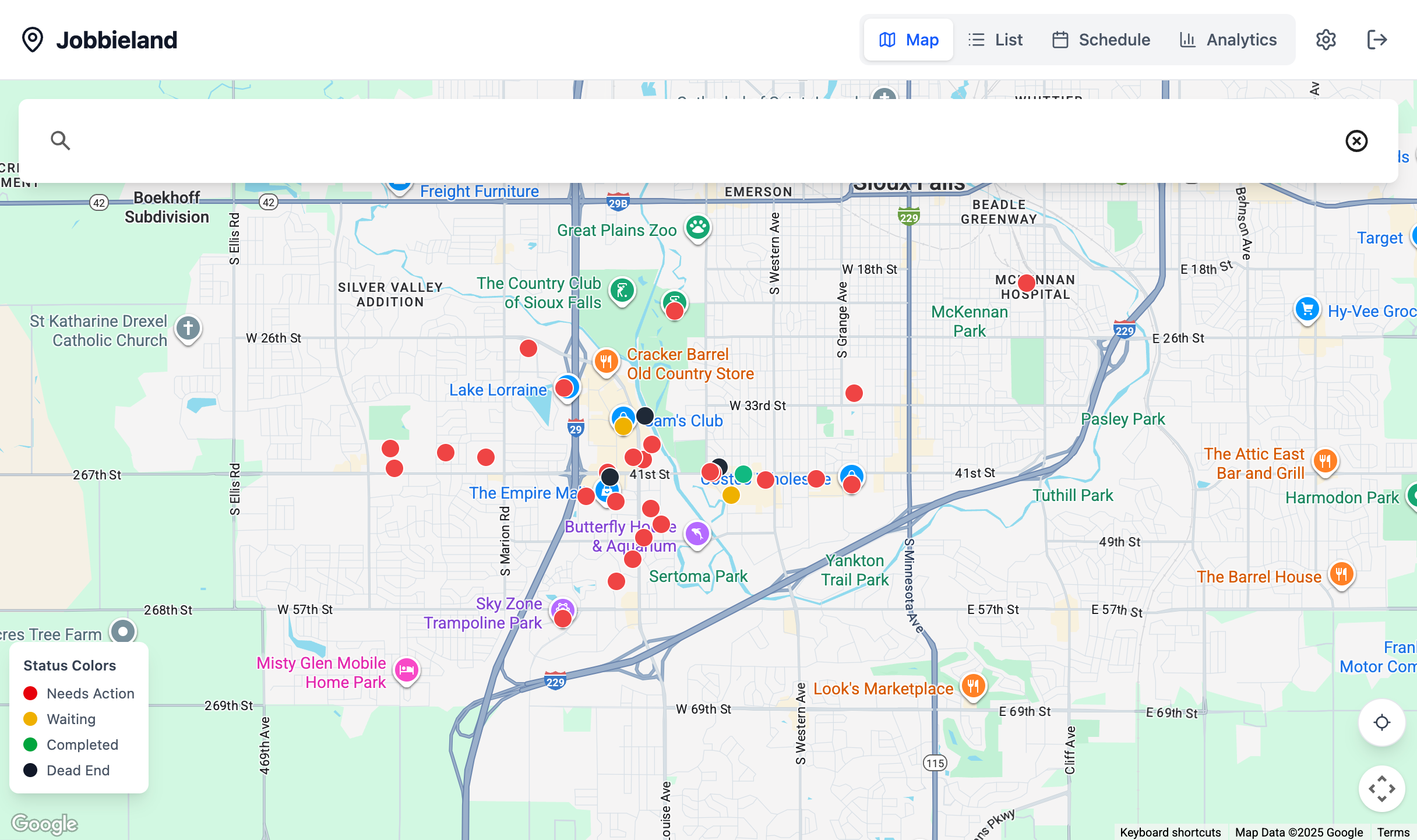 Jobbieland map view showing job applications